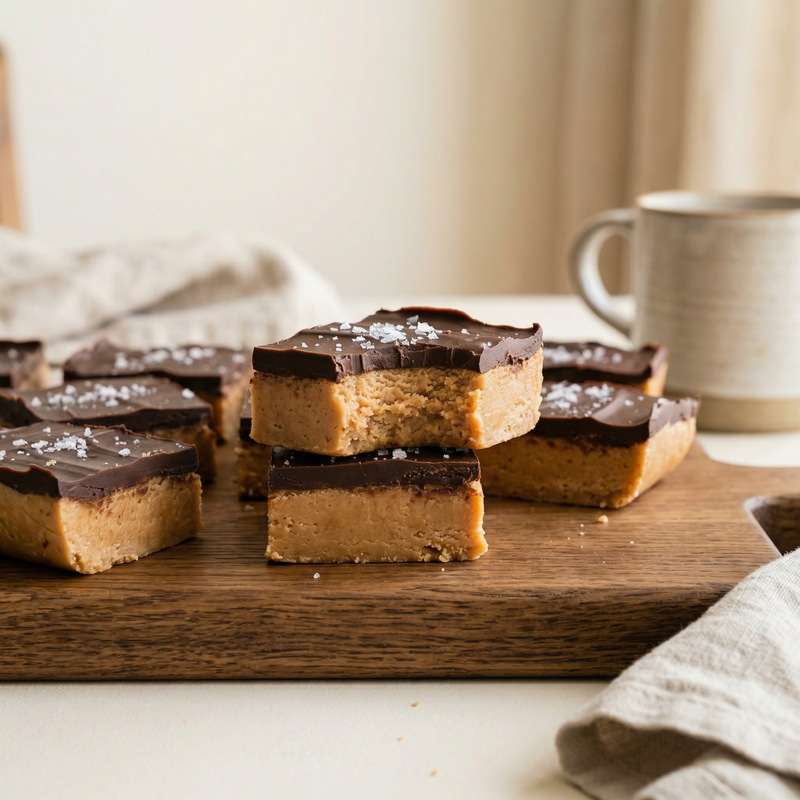 No-bake cookie dough slice with a dark chocolate topping, cut into squares