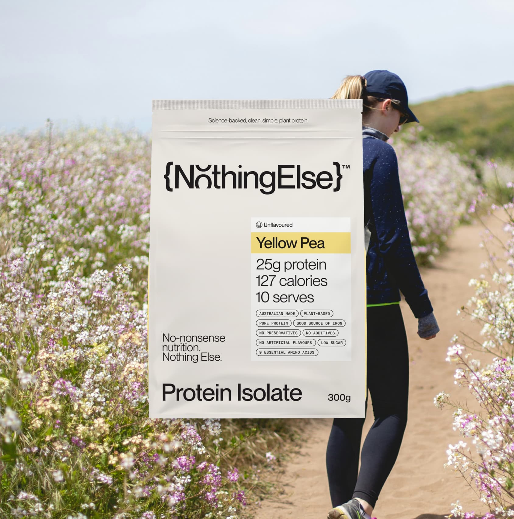 Nothing Else Yellow Pea Protein Isolate in front of lifestyle image showing how to use the plant protein powder