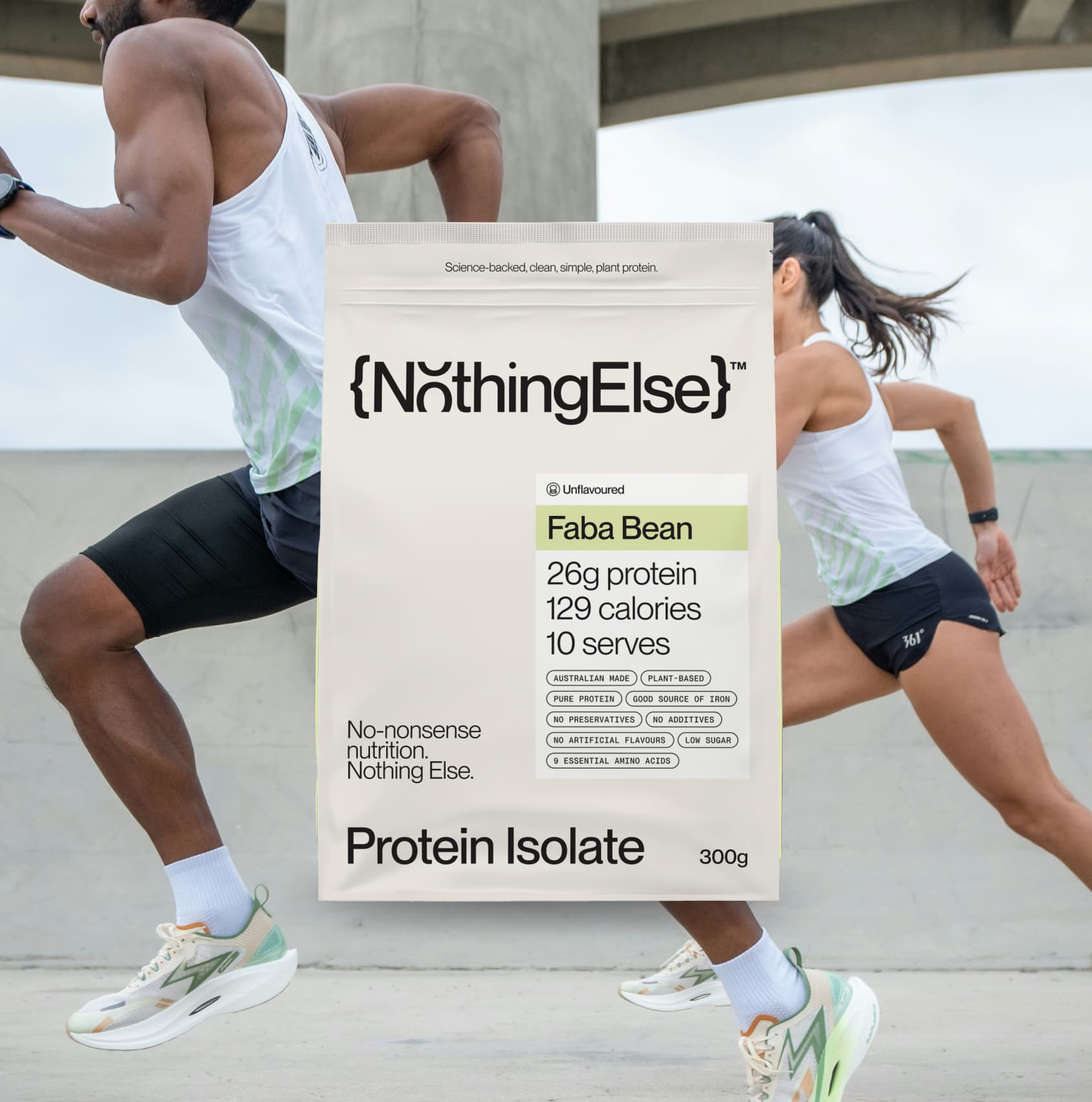 Nothing Else Faba Bean Protein Isolate in front of lifestyle image showing how to use the plant protein powder